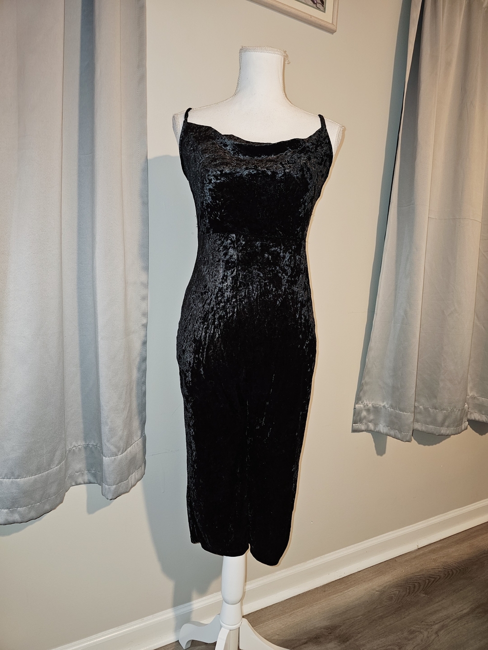 Forever 21 Black Crushed Velvet Midi Slip Dress with Cowl Neck